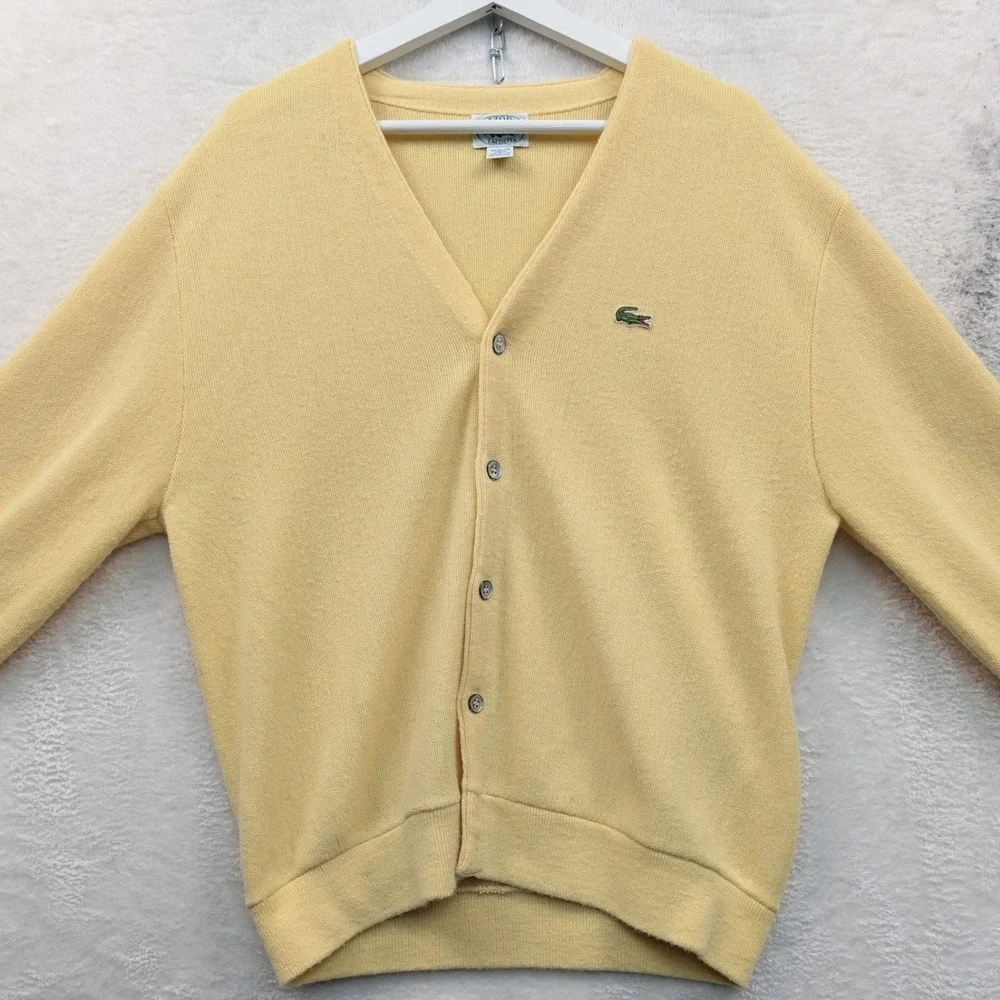 VTG Izod Lacoste Cardigan Men's L Yellow Button Front Knit V-Neck Preppy 80s
